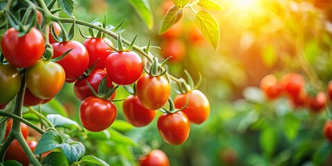 Obraz premium Close up of ripe cherry tomatoes on a vine surrounded by lush green foliage, bathed in sunlight in a garden setting