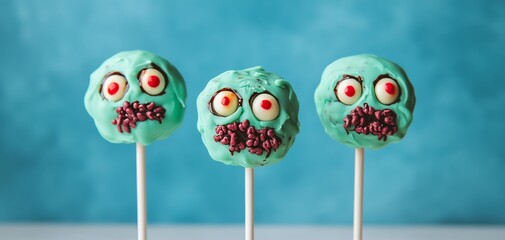 Cake pops shaped like zombies, with green icing, exposed brains, and candy eyes halloween cake pop concept.