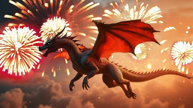 Majestic dragon soars through explosive fireworks display. Creature's scales reflect vibrant colors against twilight sky. Powerful wings spread wide, embodying freedom and mythical strength.	
