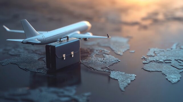 Business travel concept, airplane and briefcase, global mobility, 3D illustration