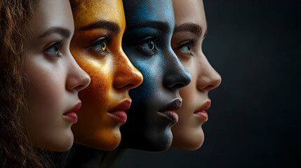 Four women's faces with different colors on their skin, looking to the right side.