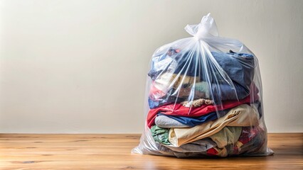 Plastic bag filled with secondhand clothes for donation and recycling