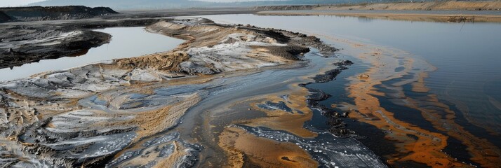 Fototapeta premium The edge of the tailings deposit is gently touched by tranquil treated water, covered in cloudy toxic foam.