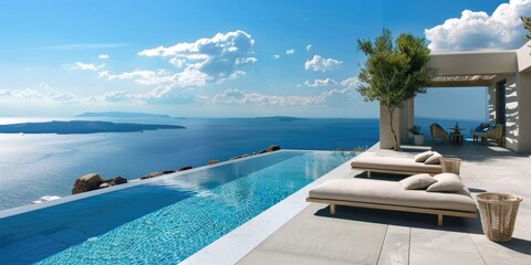 Fototapeta premium Summertime Haven A lavish double sun bed placed by a glistening pool providing an exquisite sanctuary with a sweeping sea view and picturesque surroundings