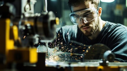 Industrial Worker Grinding Metal with Sparks