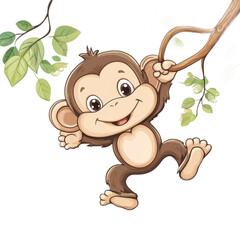 Cute Cartoon Monkey Hanging from a Branch