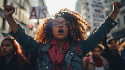 A group of determined women raising fists in solidarity during a strike movement, symbolizing empowerment, unity, and the fight for gender equality and social justice. Strong expressions of defiance a