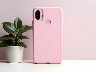 a pink cell phone case in a minimal white studio generative ai