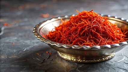 Fototapeta premium Saffron threads in a shiny silver dish next to a mortar, perfect for cooking ingredients and spice lovers