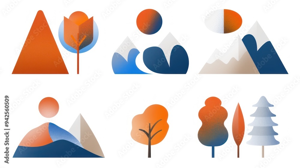 Poster Abstract Geometric Landscape Design with Sun, Mountain and Trees.