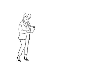 本を読むスーツを着た女性、線画