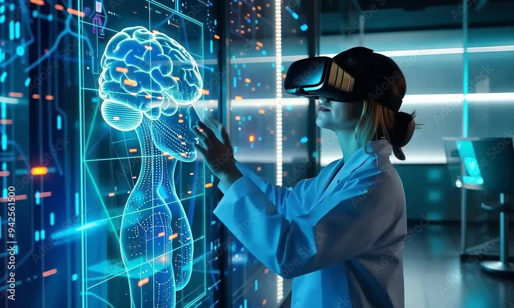 Poster exploring the future of neuroscience: a researcher utilizes virtual reality to analyze brain data in