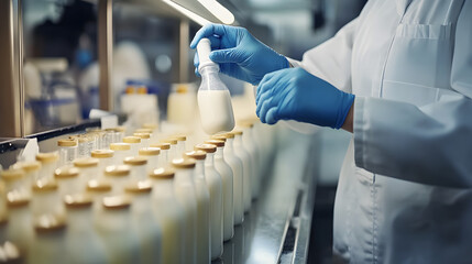 Food scientist testing milk samples of dairy products in the laboratory. Researchers are looking at the stratification of milk.
