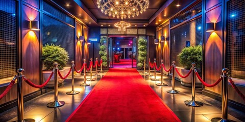 Luxurious nightclub entrance in Los Angeles nightlife with VIP exclusive red carpet glamour