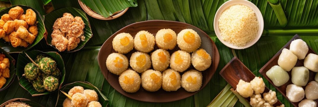 Traditional sweet treats of Aurudu, featuring Kokis, Kewum, Aluwa, and Aasmi, displayed from a top view.