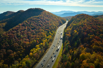 View from above of I-40 freeway in North Carolina heading to Asheville through Appalachian...