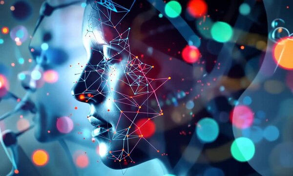 Exploring the intricate relationship between technology and humanity in a vibrant digital landscape filled with color and innovation. Generative AI