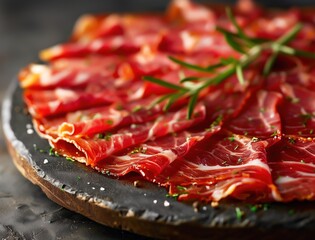 Obraz premium Sliced Jamon Iberico close up, gourmet Spanish cured meat photography
