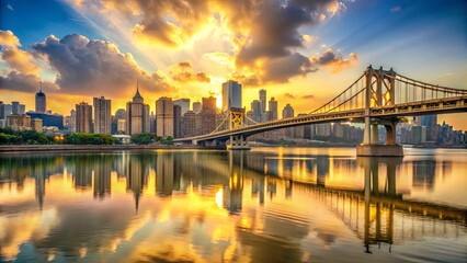 Obraz premium Golden hour cityscape silhouette with a beautiful bridge at sunset capturing stunning architecture