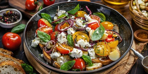 Mixed vegetable salad with toast and goat cheese