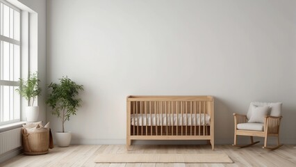 Minimalist Nursery Interior with Crib, Rocking Chair, and Plant