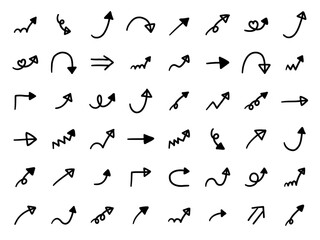 Obraz premium 手書きの矢印アイコンのベクターイラストセット。方向、手描き、シンプル、やじるし