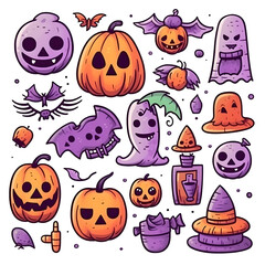 Naklejka premium halloween element doodle icon set generative AI.
