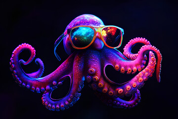 Fototapeta premium Cute octopus wearing sunglasses on a neon black background