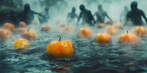 a bobbing for apples game with eerie, foggy water and glowing orange apples, set in a spooky atmosphere with ghostly figures in the background