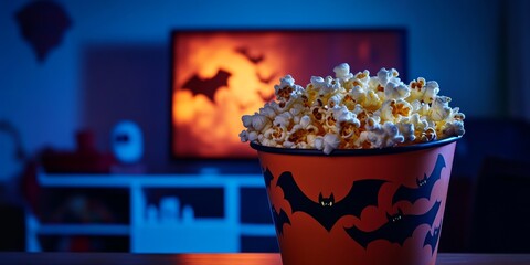 Spooky popcorn bucket featuring bats, witches, and ghosts, overflowing with buttery popcorn, set in front of a dimly lit TV playing a horror movie