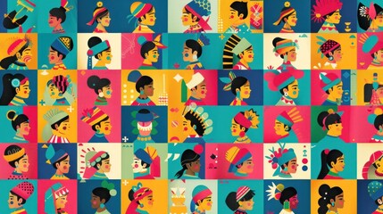 Diverse Colorful People in Traditional Headwear.