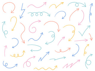 手書きの矢印アイコンのベクターイラストセット。方向、手描き、シンプル、やじるし