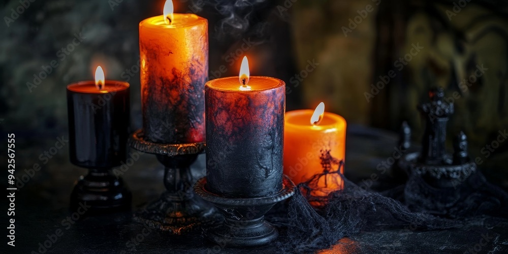 Wall mural Spooky candle arrangement featuring black and orange candles with flickering flames, casting eerie shadows on a dark, gothic table