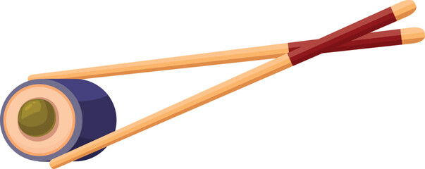 Chopsticks holding a sushi roll with a blue colored topping