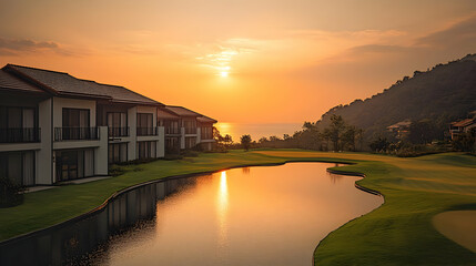 Fototapeta premium Modern house with a pond and golf course in front of a sunset sky.