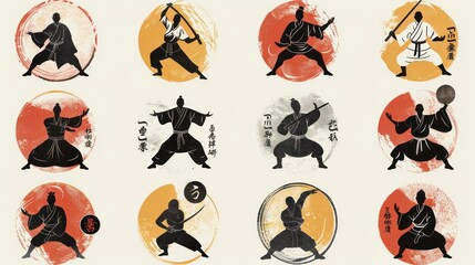 Naklejka premium Silhouettes of martial arts masters in various poses.