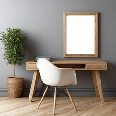 Minimalist Home Office Desk with Wooden Frame and White Chair