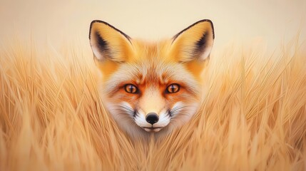 Obraz premium A fox camouflaged in a field of tall golden grass, its fur blending seamlessly, sharp eyes watching, warm tones, natural and serene atmosphere