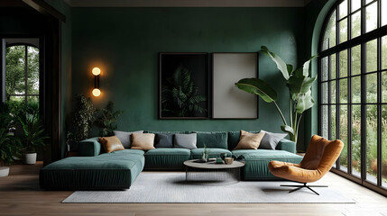 Modern living room with green velvet sectional sofa, a large window, a coffee table, and a brown leather accent chair.