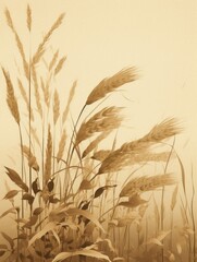 Elegant Simplicity: Golden Wheat Ears Swaying in Breeze. Minimalist Rice Product Illustration with Soft Brown and Beige Tones. High-Quality Agricultural Design for Marketing, Seasonal Promotions, and 