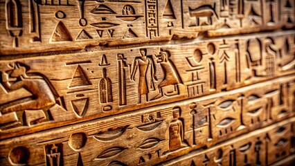 Close up of ancient Egyptian hieroglyphics carved in wooden surface, showcasing intricate details and symbols