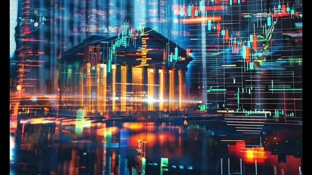 Financial graph in front of a classical building representing stock market fluctuations and economic trends in a vibrant background.