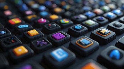 Obraz premium Colorful App Icons on a Black Keyboard.