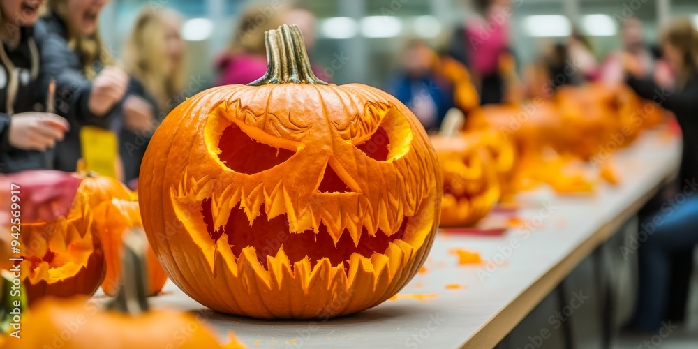 Wall mural a pumpkin carving contest with detailed jack-o'-lantern designs, set on a long table with spooky dec