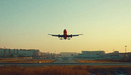 Fototapeta premium A stunning silhouette of an airplane taking off against a beautiful sunset backdrop, highlighting travel and adventure.
