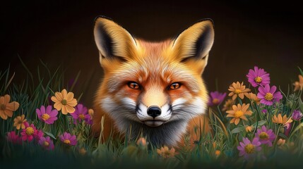 Fototapeta premium A fox sneaking through a meadow, its fur blending with the wildflowers, sly grin, soft and colorful tones, natural camouflage, serene atmosphere