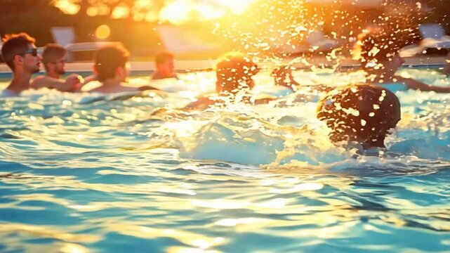 A group of children enjoying their time swimming in a pool during a beautiful sunset, creating a warm and joyful summer vibe.