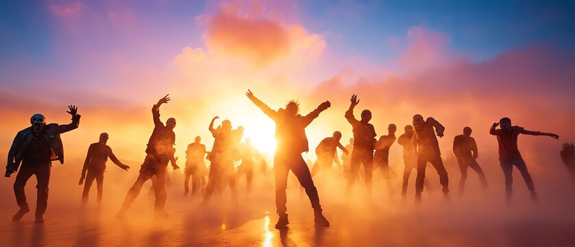 A dance floor full of zombies doing the Thriller dance in sync, under strobe lights and fog machines zombie halloween party concept.