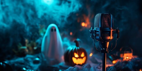 Spooky horror podcast setup with a glowing microphone, eerie sound effects, and ghostly decorations, set against a dark, misty background