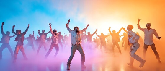 A dance floor full of zombies doing the Thriller dance in sync, under strobe lights and fog machines zombie halloween party concept.